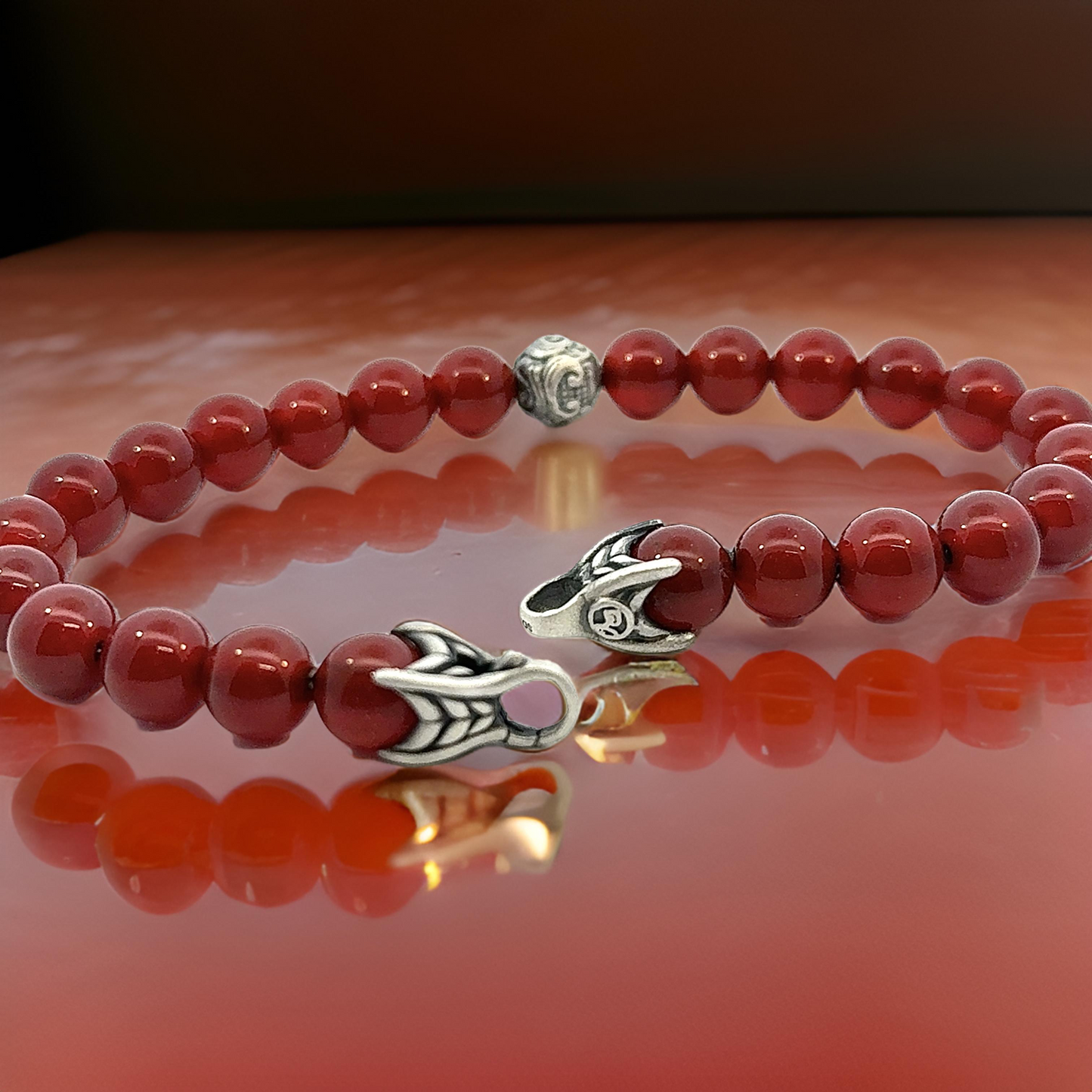 David Yurman Carnelian Carved Prayer Beads Bracelet 8" 8 mm Silver Estate DY614