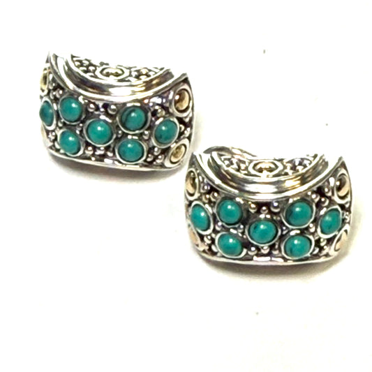 John Hardy Estate Turquoise Omega Back Earrings Sterling Silver 18k Gold JH120
