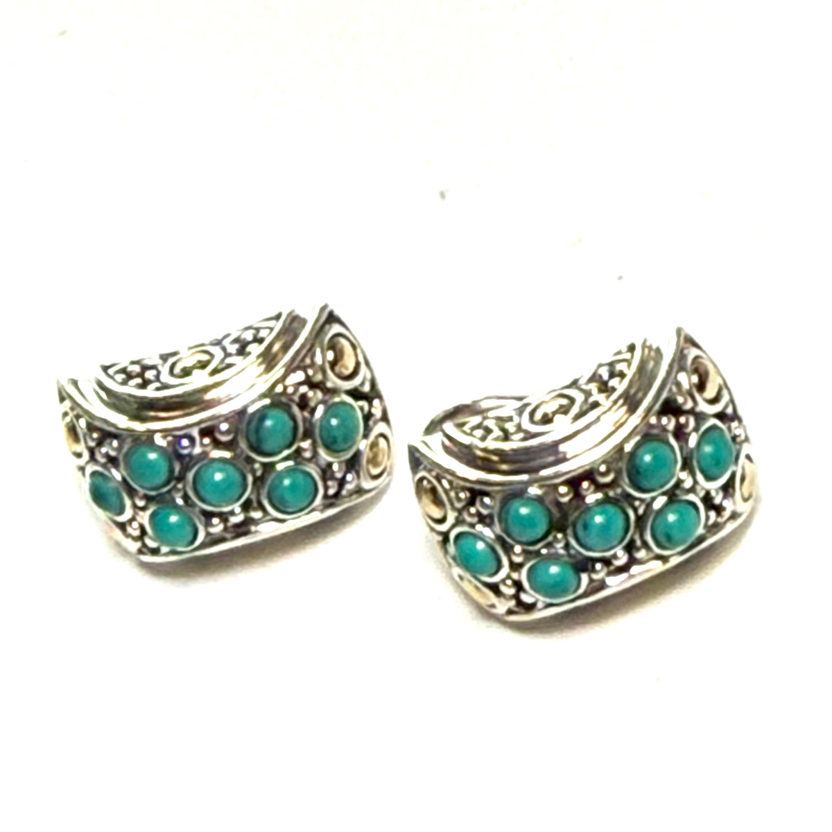 John Hardy Estate Turquoise Omega Back Earrings Sterling Silver 18k Gold JH120