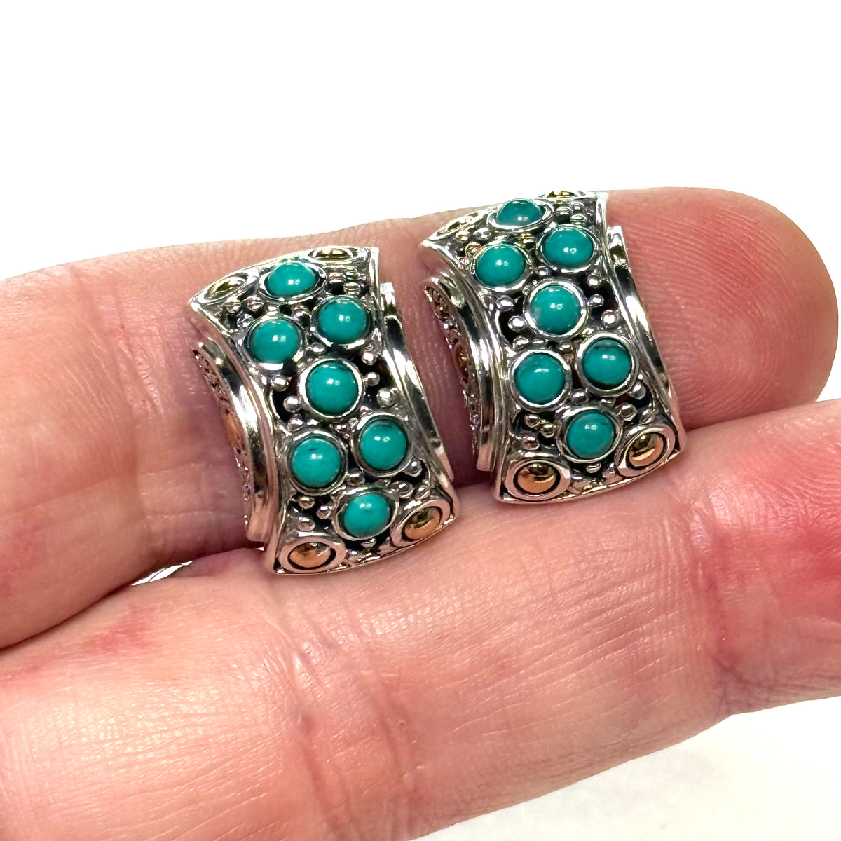 John Hardy Estate Turquoise Omega Back Earrings Sterling Silver 18k Gold JH120