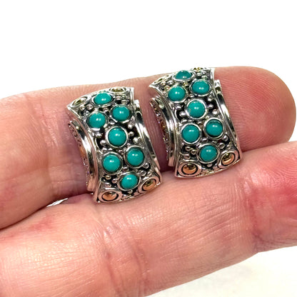 John Hardy Estate Turquoise Omega Back Earrings Sterling Silver 18k Gold JH120