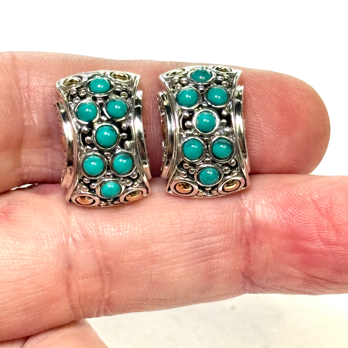 John Hardy Estate Turquoise Omega Back Earrings Sterling Silver 18k Gold JH120