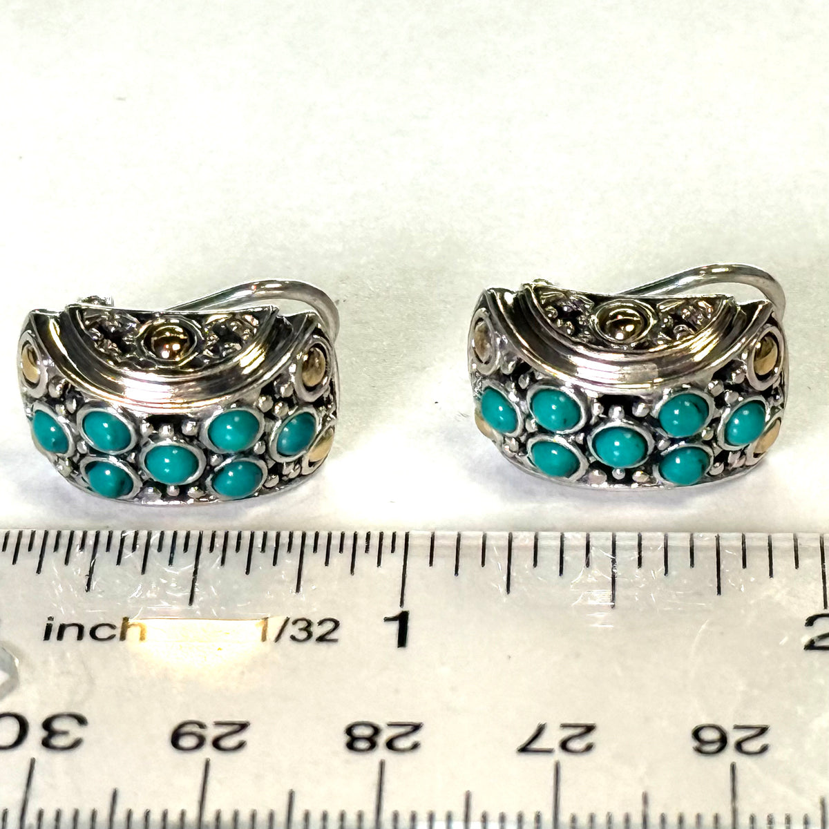 John Hardy Estate Turquoise Omega Back Earrings Sterling Silver 18k Gold JH120