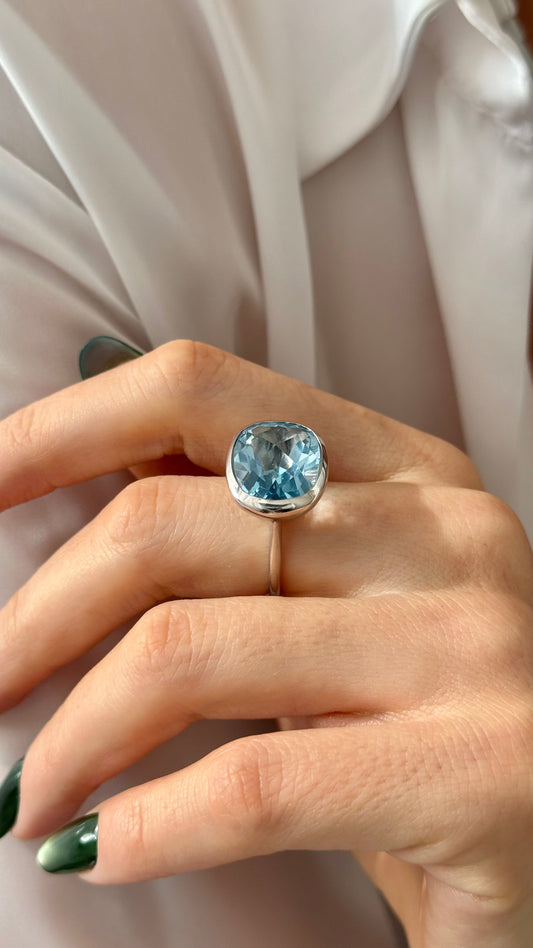 Natural Solitaire Blue Topaz Ring Size 6.5 14k W Gold 17.35 Cts Certified $2,975 401575