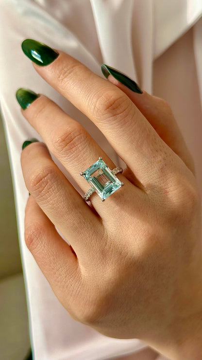 Natural Aquamarine Diamond Ring Size 6.5 14k W Gold 6.67 TCW Certified $5,990 216191