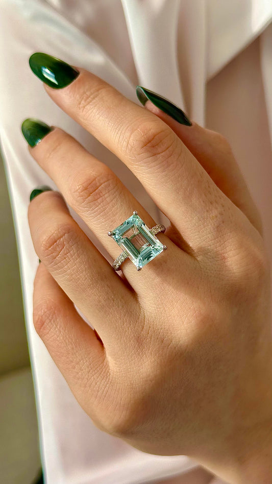 Natural Aquamarine Diamond Ring Size 6.5 14k W Gold 6.67 TCW Certified $5,990 216191