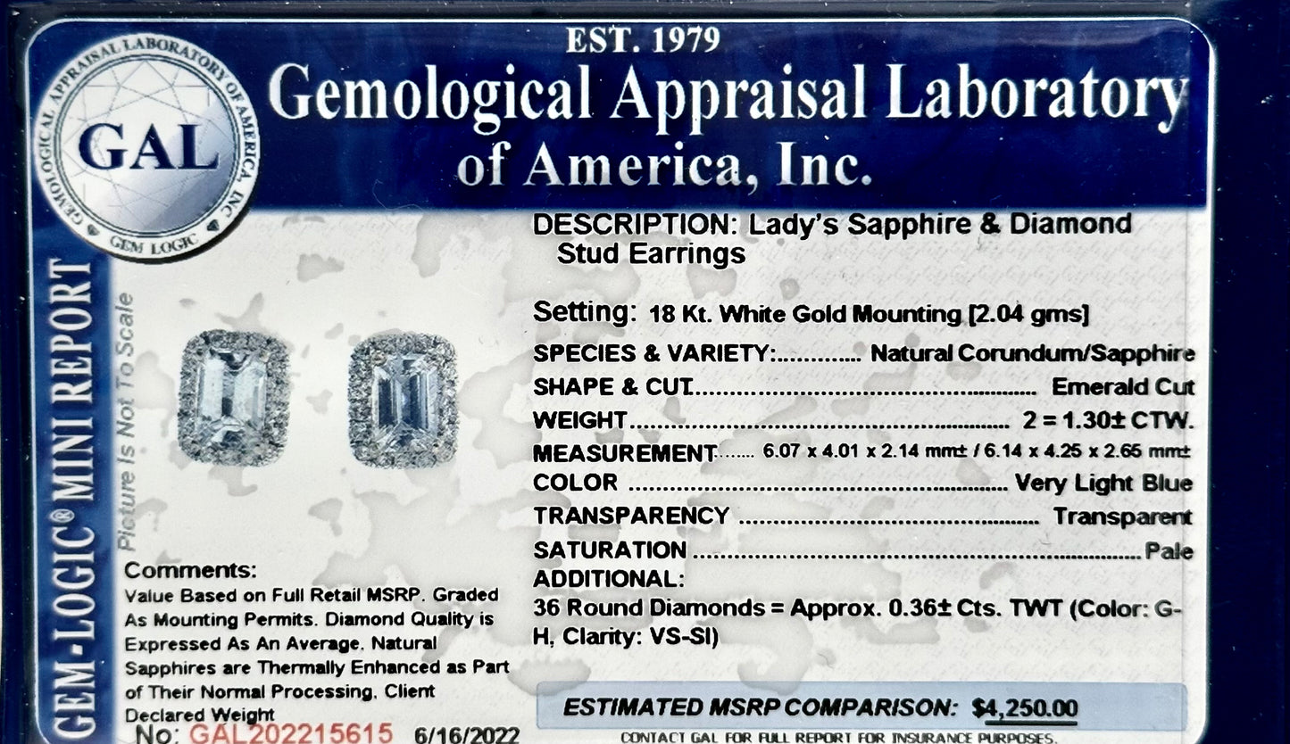 Natural Sapphire Diamond Earrings 18k White Gold 1.66 TCW Certified $4,250 215615