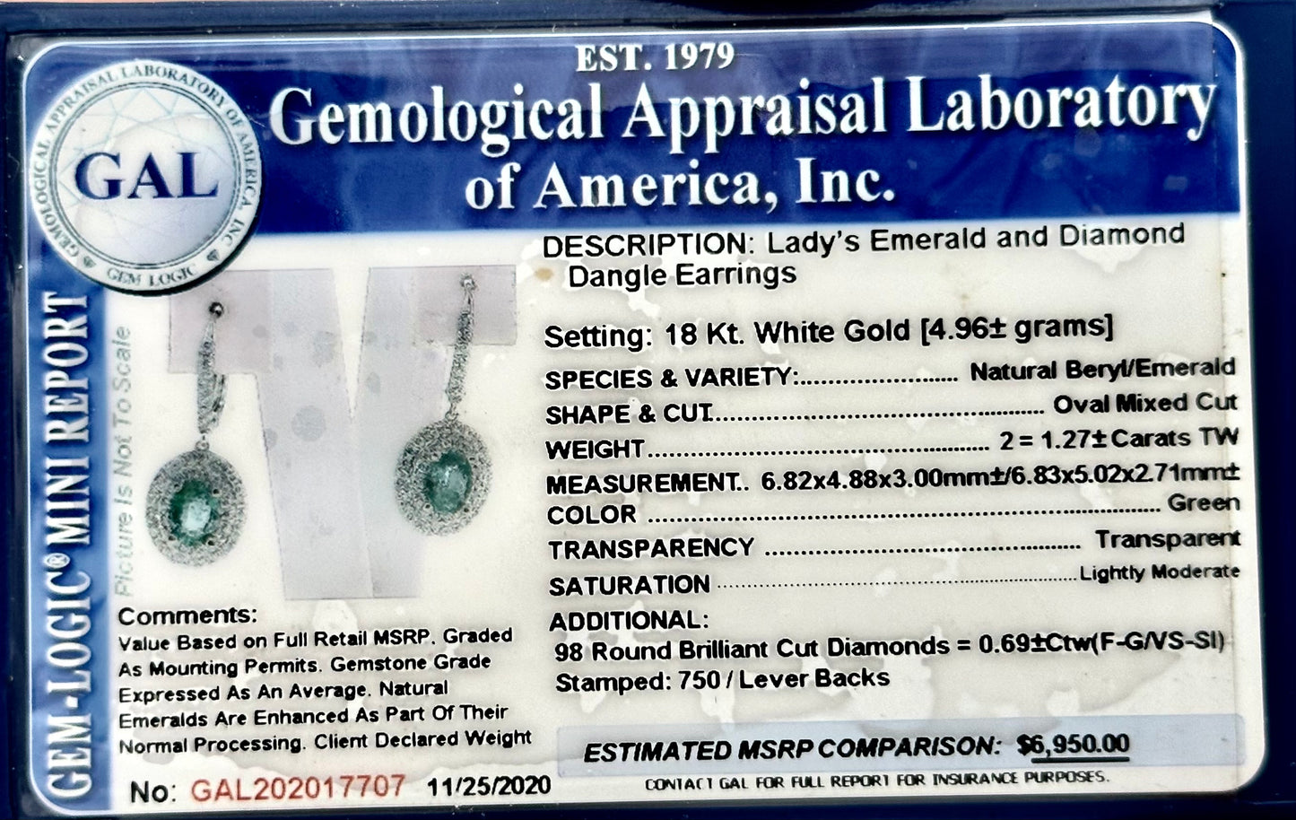 Natural Emerald Diamond Earrings 18k White Gold 1.96 TCW Certified $6,950 017707