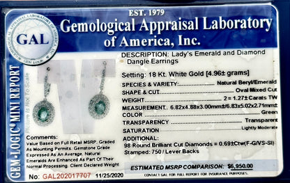 Natural Emerald Diamond Earrings 18k White Gold 1.96 TCW Certified $6,950 017707