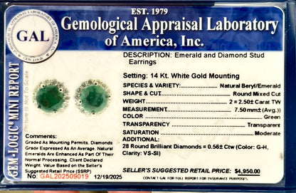 Natural Emerald Diamond Earrings 14k Gold 3.06 TCW Certified $4,950 509019