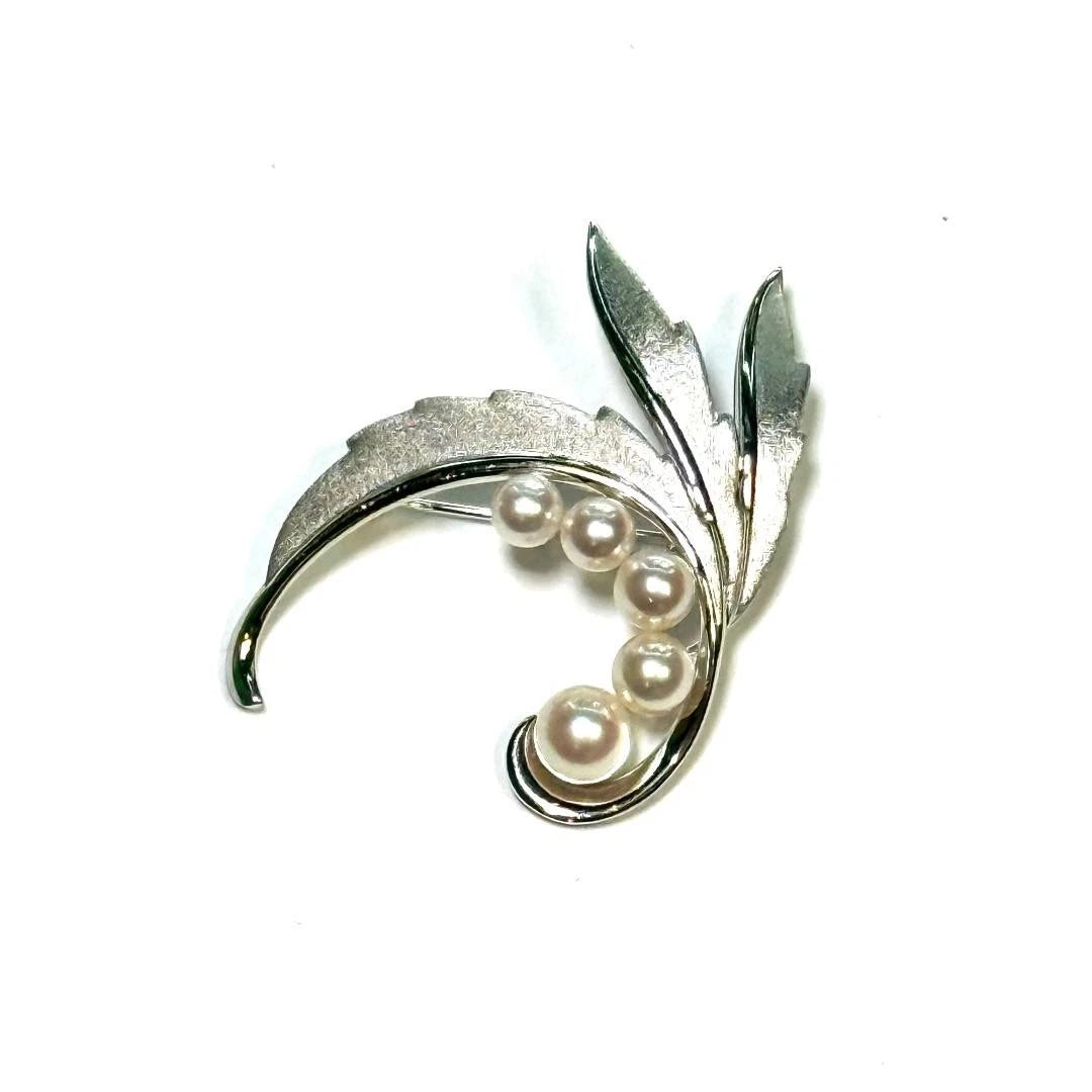 MIKIMOTO Akoya Pearl Leaf Brooch Pin Sterling Silver Signed M463