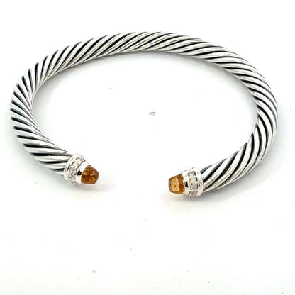 David Yurman Citrine and Diamond 5mm Cuff Bracelet Silver Estate DY741