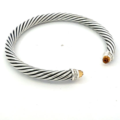 David Yurman Citrine and Diamond 5mm Cuff Bracelet Silver Estate DY741