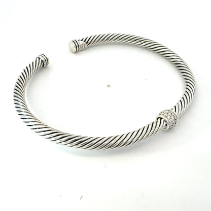 David Yurman Diamond Cuff Bracelet Size L Silver 4 mm Estate DY781