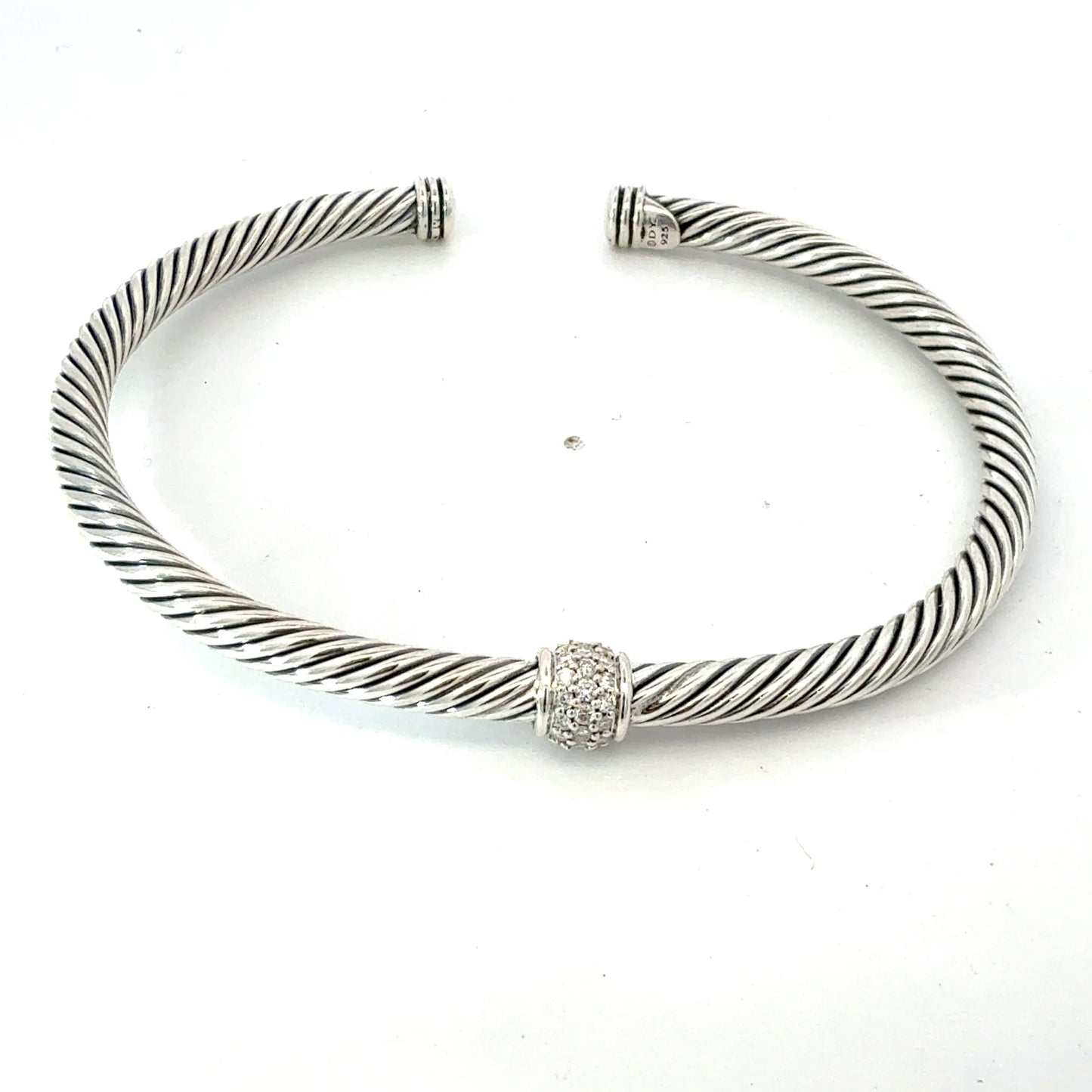 David Yurman Diamond Cuff Bracelet Size L Silver 4 mm Estate DY781