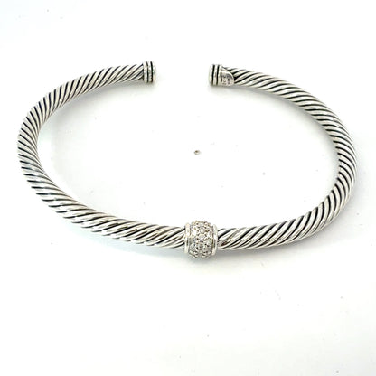 David Yurman Diamond Cuff Bracelet Size L Silver 4 mm Estate DY781