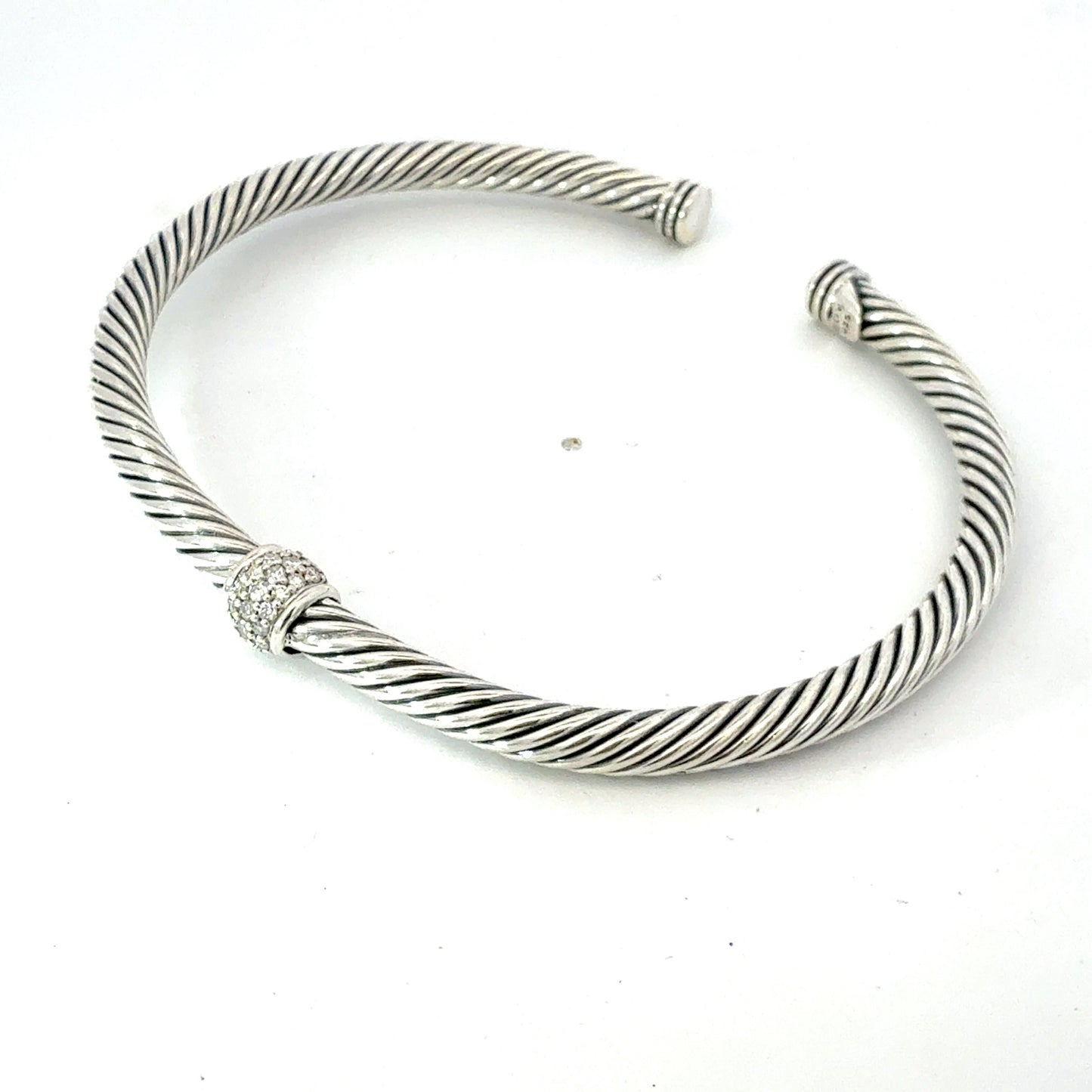 David Yurman Diamond Cuff Bracelet Size L Silver 4 mm Estate DY781