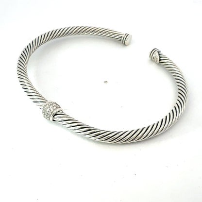 David Yurman Diamond Cuff Bracelet Size L Silver 4 mm Estate DY781