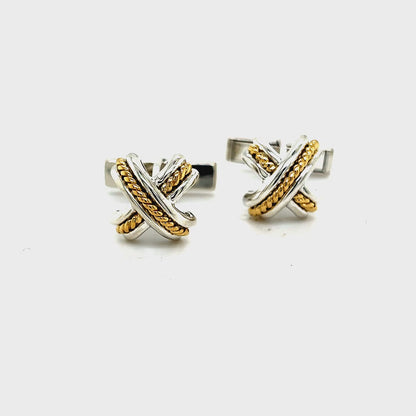 Tiffany & Co Estate Mens X Signature Cufflinks 18k Yellow Gold Sterling Silver TIF997