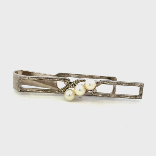 Mikimoto Akoya Pearl Mens Tie Clip 5 mm Sterling Silver Estate M453