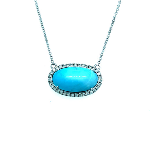 Natural Persian Turquoise Diamond Halo Pendant With Chain 18.5" 14k WG 8.1 TCW Certified $4,975 300679