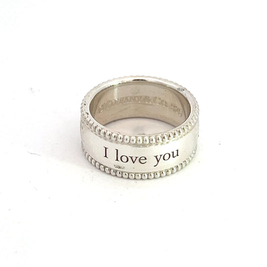 Tiffany & Co Estate "I Love You" Wide Band Ribbed Ring 4.5" Sterling Silver 7.5 mm TIF666