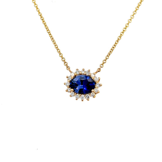 Natural Sapphire Diamond Halo Pendant With Chain 18" 14k YG 1.67 TCW Certified $4,950 300633
