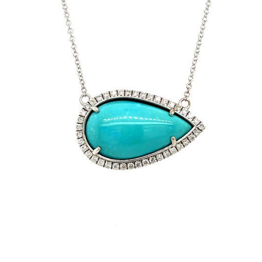 Persian Turquoise Diamond Halo Pendant With Chain 18.5" 14k WG 11.36 TCW Certified $5,950 300680