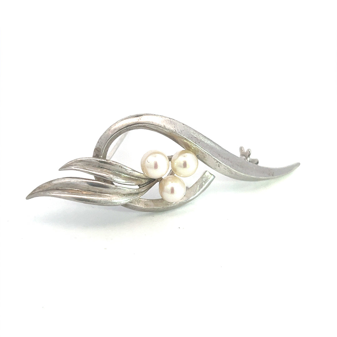 Mikimoto Estate Akoya Pearl Brooch 2.5" Sterling Silver 5.50 mm M390