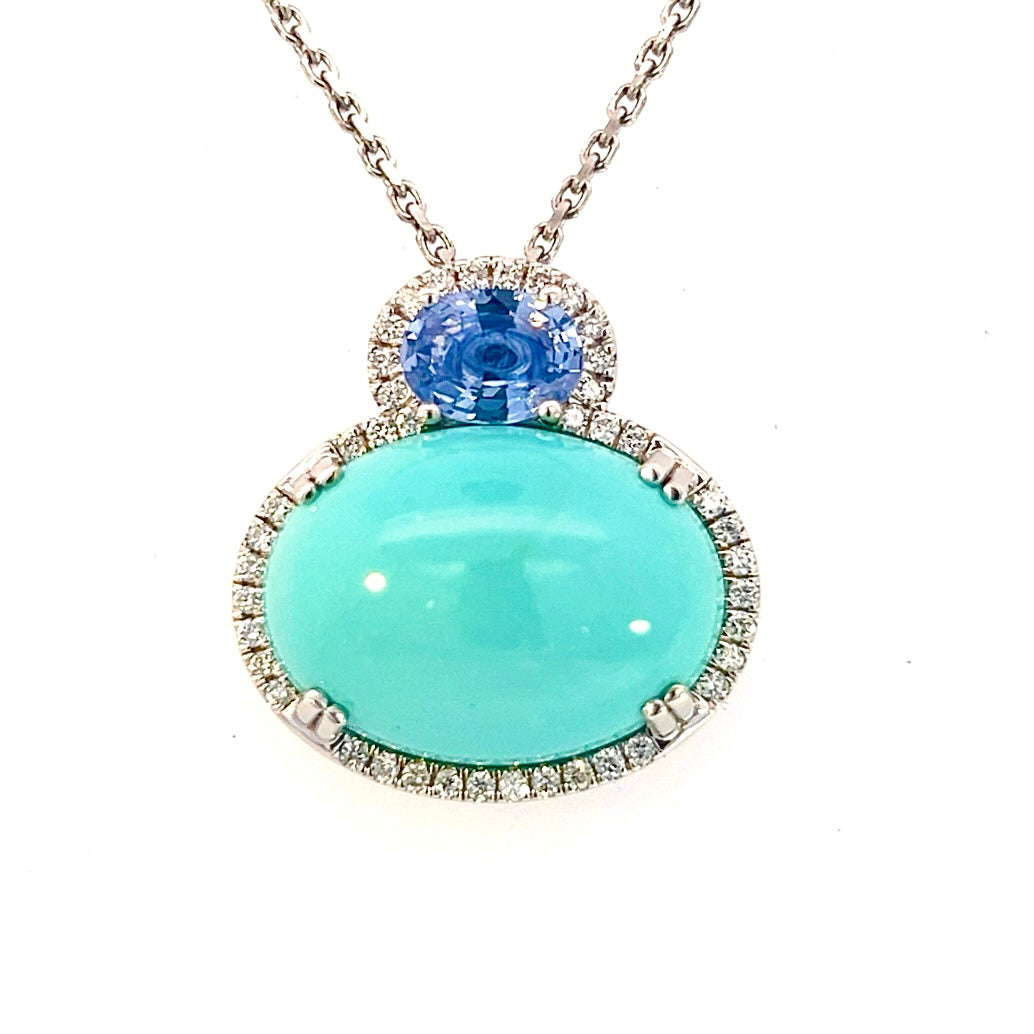 Natural Persian Turquoise Sapphire and Diamond Stud Pendant Necklace 14k White Gold 19.03 TCW Certified $6,950 311694