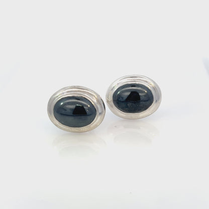 Tiffany & Co Estate Natural Hematite Cabochon Earrings Sterling Silver TIF786