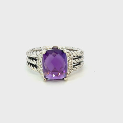 David Yurman Amethyst Diamond Ring Size 5.5 Sterling Silver Estate DY651