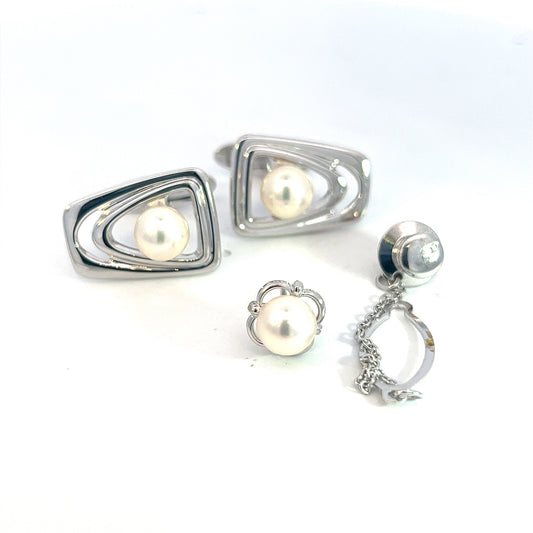 Mikimoto Estate Akoya Pearl Cufflinks + Tie Pin Set Sterling Silver 7.20 mm M384