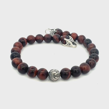 David Yurman Tiger Eye Engraved Spiritual Ball Bracelet 9" Sterling Silver Estate DY712