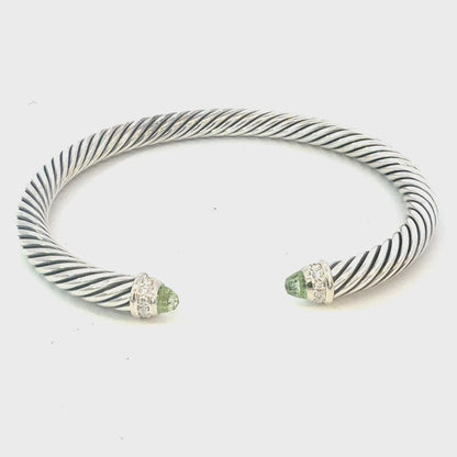 David Yurman Diamond Prasiolite Cuff Bracelet Size M 5 mm Sterling Silver Estate DY693
