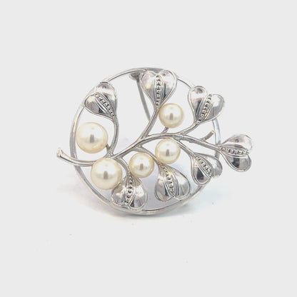 Mikimoto Estate Akoya Pearl Circular Flower Brooch Pin Sterling Silver M421