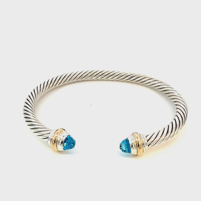 David Yurman Blue Topaz Cuff Bracelet 14k Gold & Silver 5 mm Estate DY636