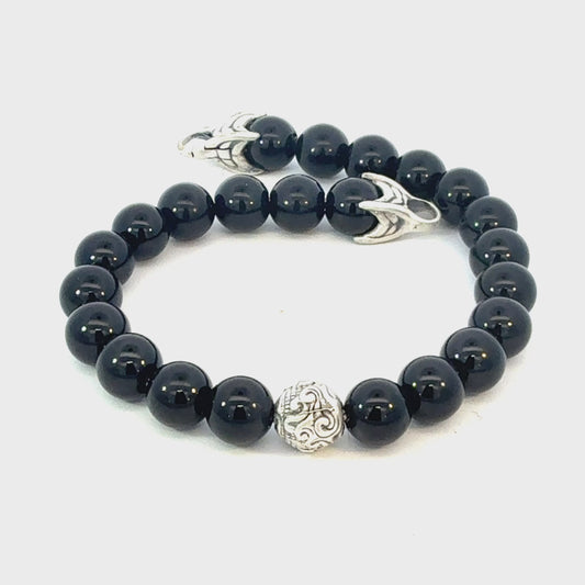 David Yurman Onyx Engraved Spiritual Beads Bracelet 8" Silver Estate DY762