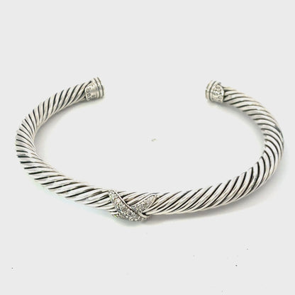 David Yurman Diamond X Cuff Bracelet Size M 5 mm Sterling Silver Estate DY736