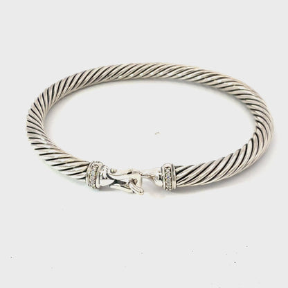 David Yurman Diamond Hook Cuff Bracelet Size M 5 mm Sterling Silver Estate DY737