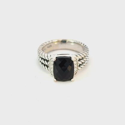 David Yurman Onyx Diamonds Ring Size 6.5 Sterling Silver Estate DY649