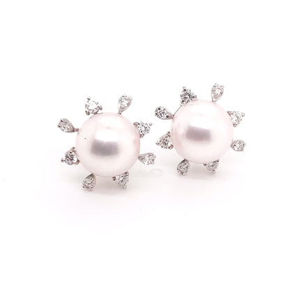 Diamond Akoya Pearl Earrings 14K White Gold 9.50 mm Certified $3,950 018642