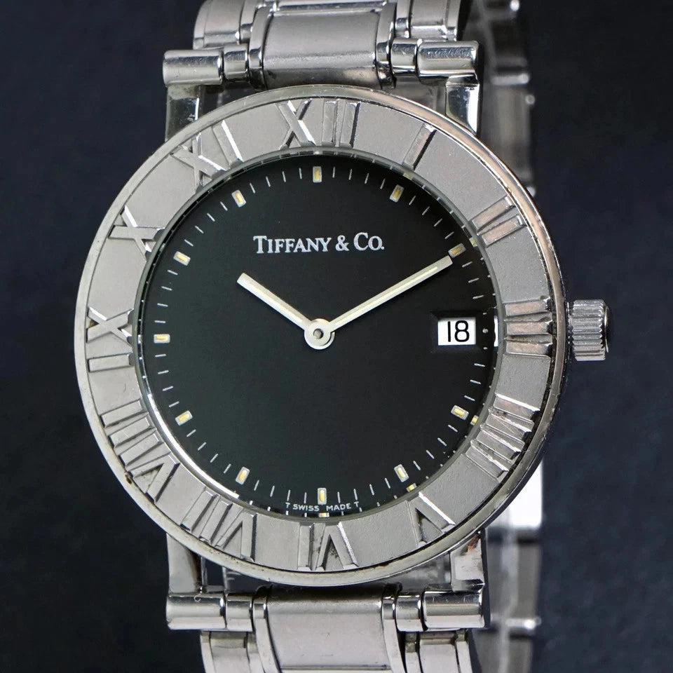 Tiffany & Co Atlas Stainless Steel Unisex 33mm Black Dial Quartz Watch TIF1014