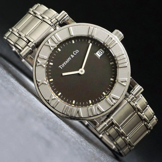 Tiffany & Co Atlas Stainless Steel Unisex 33mm Black Dial Quartz Watch TIF1014
