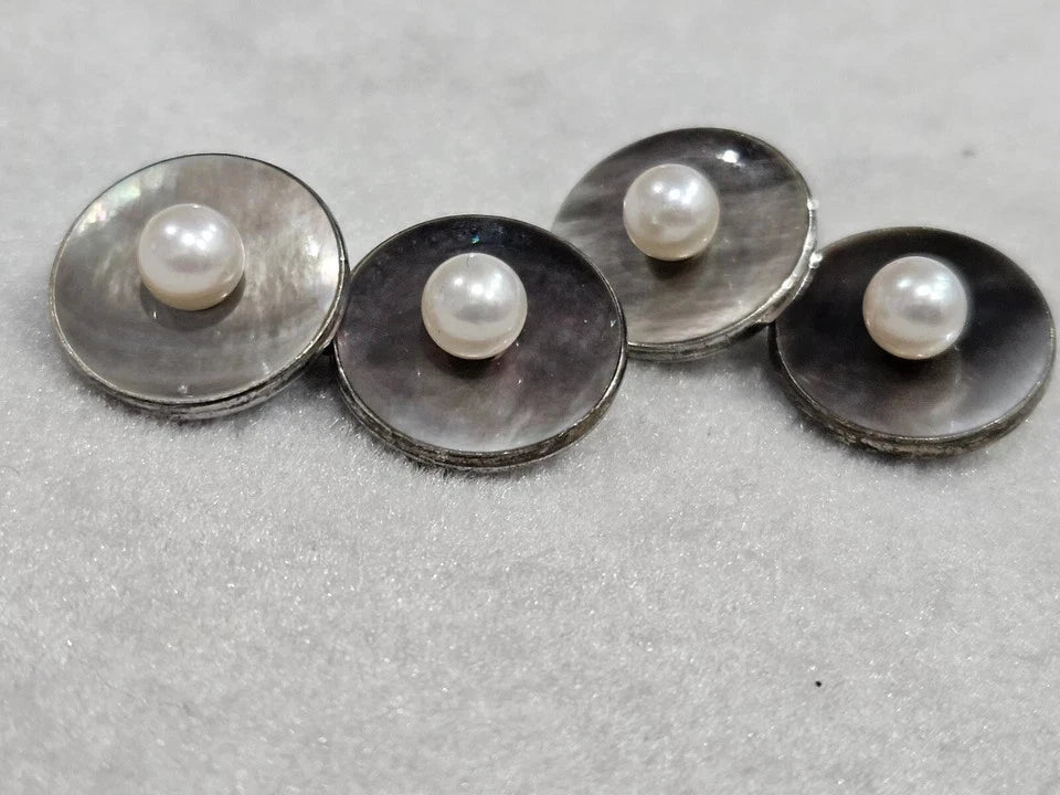 MIKIMOTO Sterling Silver Mop Pearl & Round White Pearl Cufflinks Estate M468