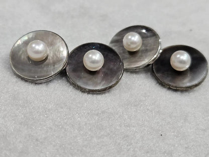 MIKIMOTO Sterling Silver Mop Pearl & Round White Pearl Cufflinks Estate M468