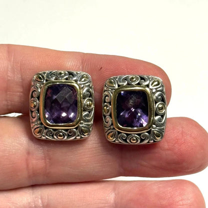 Vintage John Hardy 18K Gold Purple Amethyst Jaisalmer Clip On Earrings 925 JH124