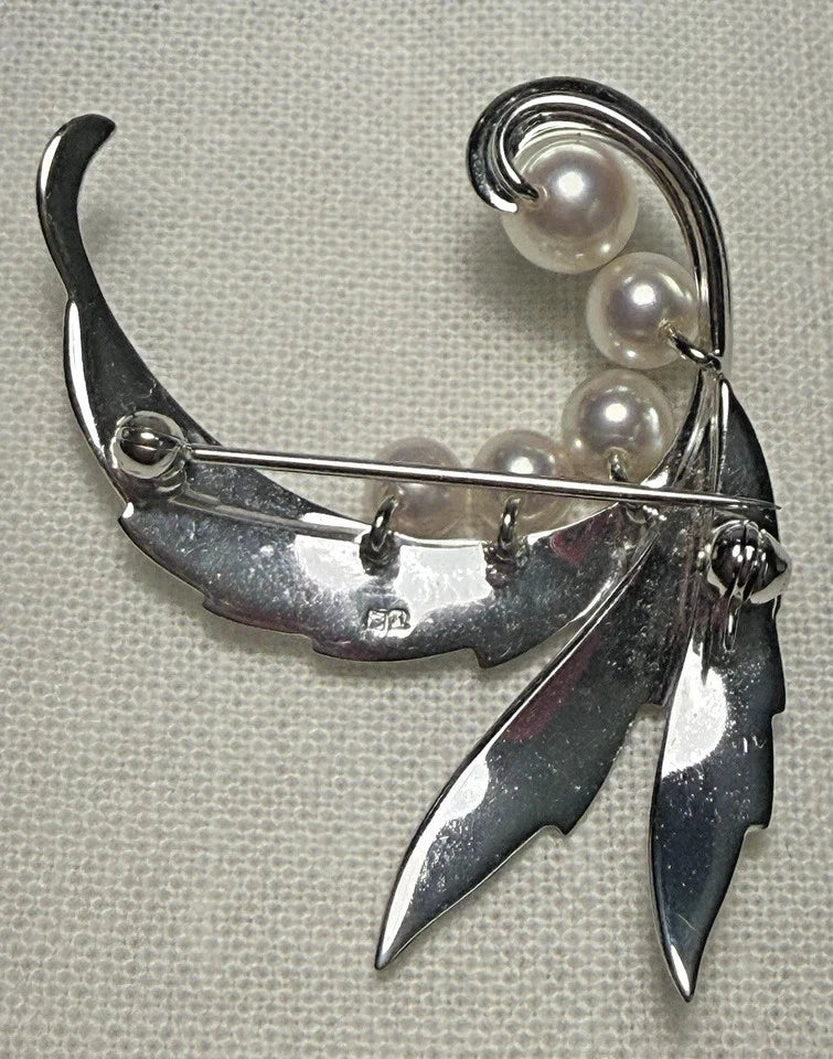 MIKIMOTO Akoya Pearl Leaf Brooch Pin Sterling Silver Signed M463