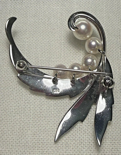 MIKIMOTO Akoya Pearl Leaf Brooch Pin Sterling Silver Signed M463