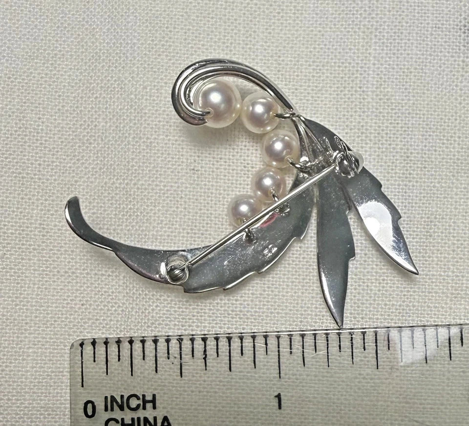 MIKIMOTO Akoya Pearl Leaf Brooch Pin Sterling Silver Signed M463